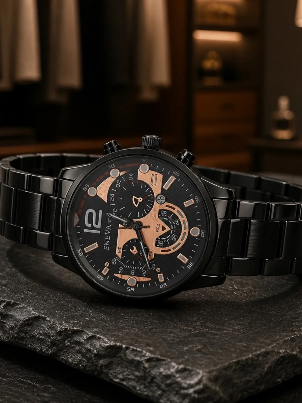 ENEVA Black and Rose Gold Chronograph Bracelet Watch